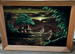 Vtg Large Mid Century Black Velvet Tiki Art Framed 40′ x 28″ Palm Trees Village
