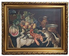 H. Müller – Still Life Lobster Rabbit Hunting Fruit Parrot Melon Oil Painting 1930