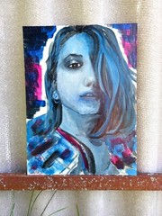 Original Painting Blue Haired Female Portrait Bright Colors Pop Art, 16×12