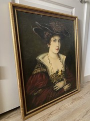 Antique Oil Portrait Lady in Red Dress Hat Pearls Framed Canvas As-Is