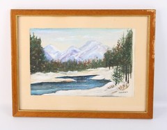 Vintage Maine Snow Mountain Landscape Scene Watercolor Painting Signed Ten Eyck