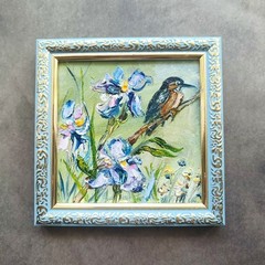Original Oil Painting Irises Kingfisher Art Miniature Framed Art 4×4 in