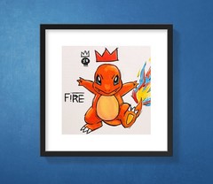 Original Charmander Fire Acrylic Painting on Framed Canvas Crown Skull Motif