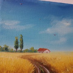 Golden Wheat Field Farmhouse Original Oil Painting Country Landscape Wall Decor