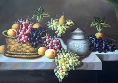 Old Master Style Original Fruits Still Life Oil Painting on Canvas Pewter Pitche