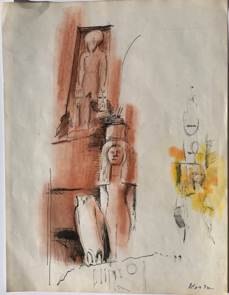 Pharaoh & Owl Monument Egyptian Watercolor 16 1/2 x 12 1/2 -C. 60s-Adolf Konrad