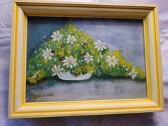 **SALE**Vintage Framed Oil Hand Painting on Canvas Daisies & Green Foliage 6×8