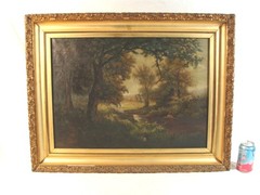 Antique 19C Woodlands River Landscape O/C Painting