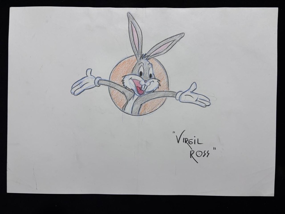 VIRGIL ROSS drawing and painting on old paper signed stamped vintage
