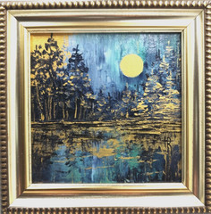 Original Oil Painting 4×4 in Framed Signed Gold Magic Forest Impasto Art