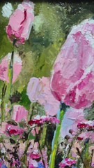 Original autographed oil painting in a frame. Tulips. Impressionism. 4×4 inches.