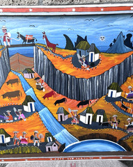Vintage Tigua Folk Art Village Town Painting Sheepskin Canvas Ecuador 31×23″