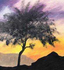 MEDIEVAL TREE: Gnarled Branches, Glorious Morning Skyline, an Original Painting,