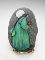Original Art Painting Stone of Woman Gathering Peppers And Moon by Gloria Larsen