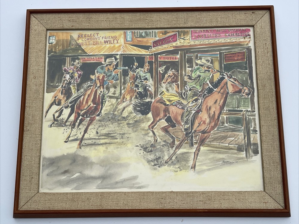 OLD WEST PAINTING COWBOY GUN FIGHT SALOON TOWN HORSE LISTED AMERICAN SLATTERY