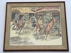 OLD WEST PAINTING COWBOY GUN FIGHT SALOON TOWN HORSE LISTED AMERICAN SLATTERY