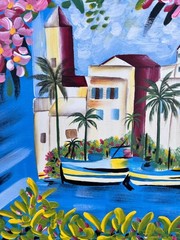 Nice Tropical Art Oil Painting Colorful Landscape Flowers Palm Trees Boats Home