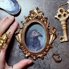 crow oil painting gold frame raven old bird portrait Victorian art antique Goth