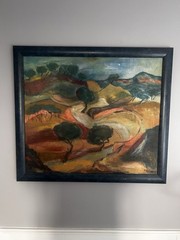 Expressionist Framed Landscape Oil Painting with Trees & Hills on Canvas