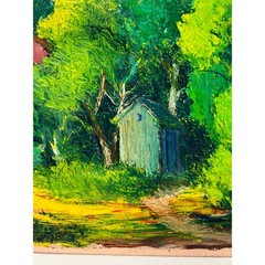 Signed Outhouse in Woods Oil Painting Impressionist Palette Knife Art H E Bayer