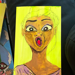 Illustration Art Paper Portrait Painting of Woman Open Mouth, Yellow, Unframed