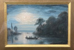 Painting Early 20th Dark Landscape Vision Boats & Lake Light Moon