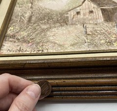 Vintage William Newport Barn Oil Painting Signed Landscape Linen Frame