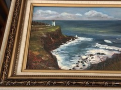 VTG Hawaii Original Oil Paint Art Artist Signed Wood Frame Kilauea Lighthouse
