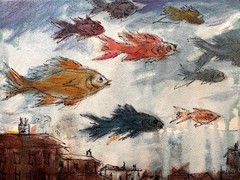 SAMATOWIC Original Abstract Flying Fish 8×10 Handmade Signed Fine Wall Art