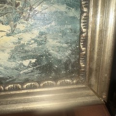 Winter Scene Oil Painting Nature Sea snow Cottage Artist Signature Ornate frame