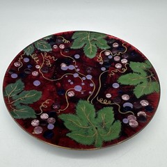 Vintage Enamel On Copper 6” Plate Trinket Dish Wall Decor Grapes Leaf Motif