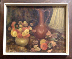 Oil Painting Mums with Oak Leaves Still Life Vintage MCM Signed & Framed