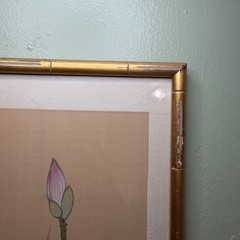 Vintage Chinese Silk Ink Painting Lotus Kingfisher Gold Faux Bamboo Frame 19×30