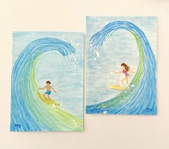 ACEO Ocean Girl Surfer Original Watercolor Surfing Board Sport Beach Wave Art