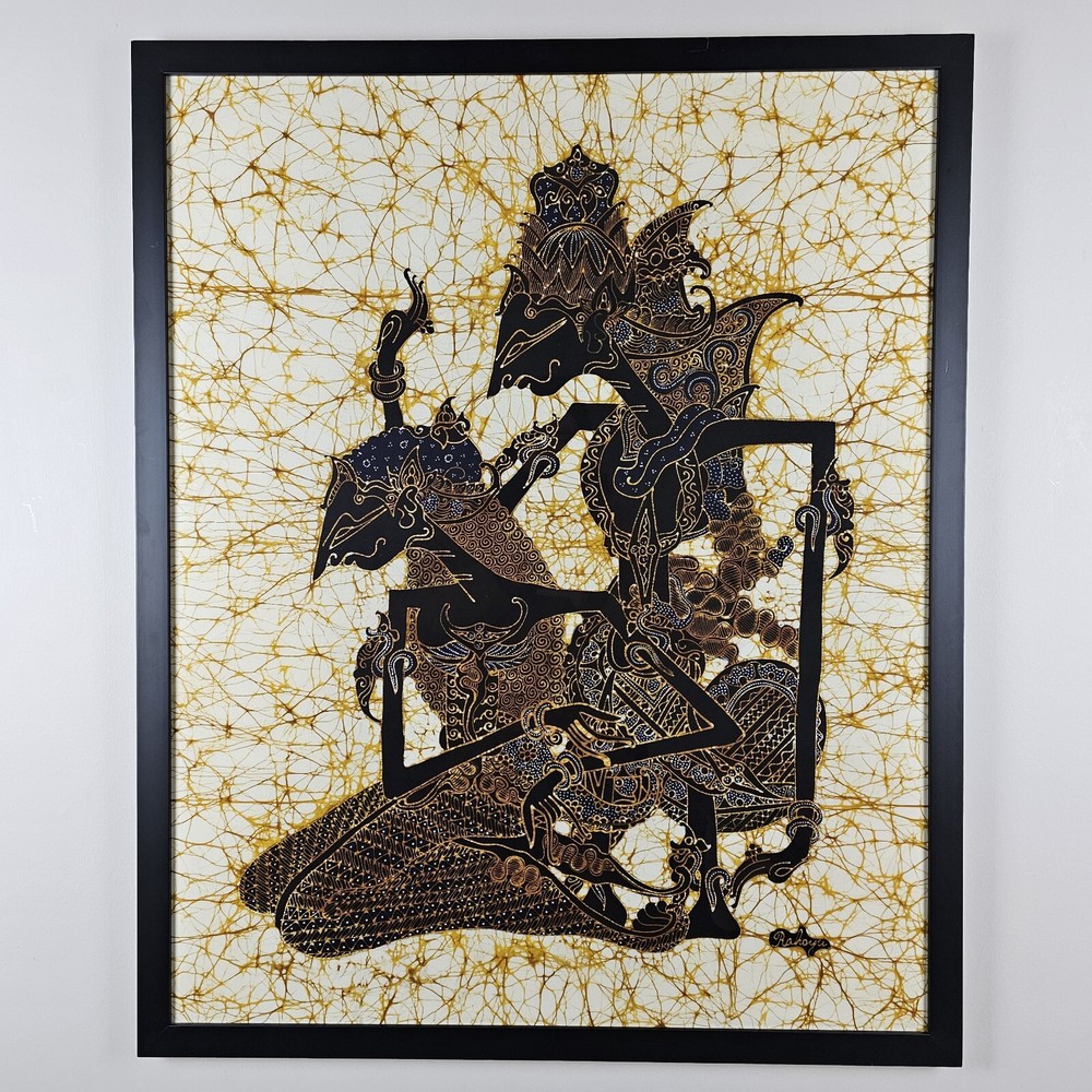 Large Original Signed Batik Painting 37.5×30.5 Framed Art – Rama & Shinta