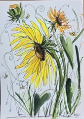 Original Signed Watercolor Painting. Floral. Line and Wash. Sunflowers. Gift