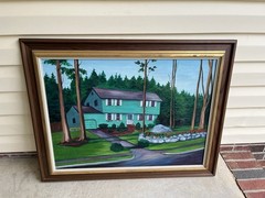 Vintage Folk Art Landscape House Primitive Oil Painting Ornate Wood Frame 36×28