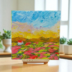 Original Oil Painting Tuscany Wildflowers Red Roofs Handmade Impasto Wall Art