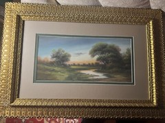 Large Antique American School „A River Landscape Scene“ Pastel Painting -Framed