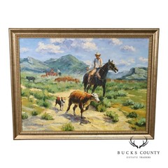 Horse Oil Painting on Canvas 55″ x 43″ Signed ‚S. T. Cesent‘ in Gold Gilt Frame