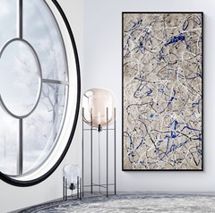 XXL Jackson Pollock Style Sand & Blue Abstract Art Textured Painting 78×39 in