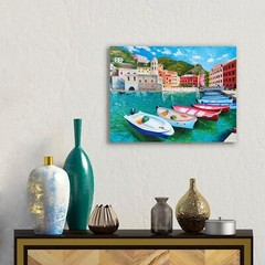 Italy Coast Textured Painting Impressionist Vernazza Italian Landscape Boats Art