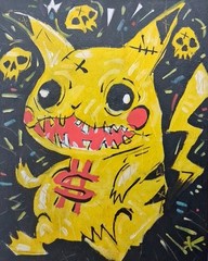 Pikachu Painting Expressionist Pokemon Folk Art Thayer OOAK Graffiti Signed