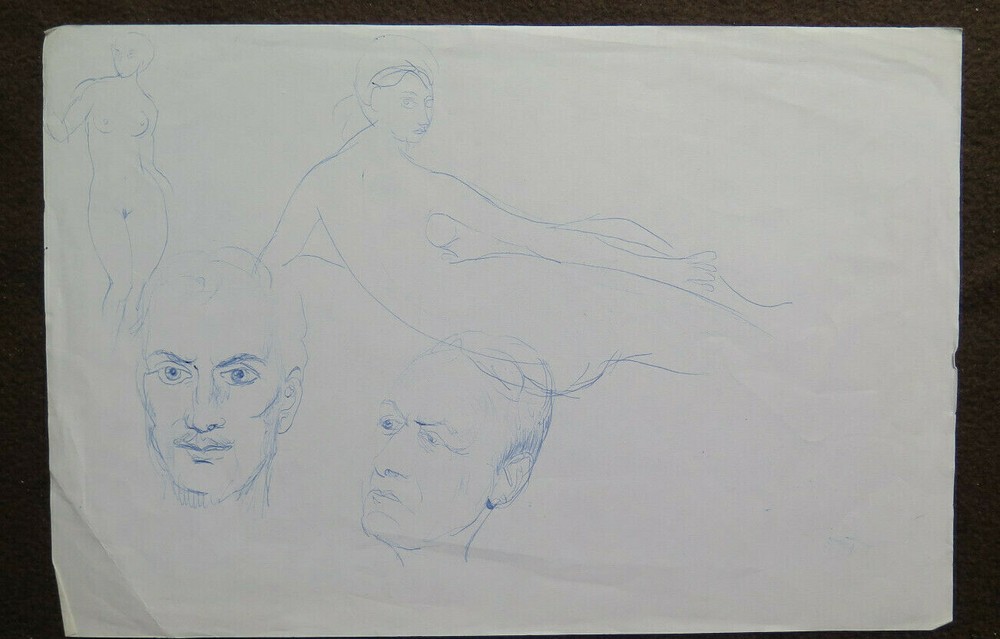 Old Drawing Sketch with Study for Human Body and Faces 60s P28.8