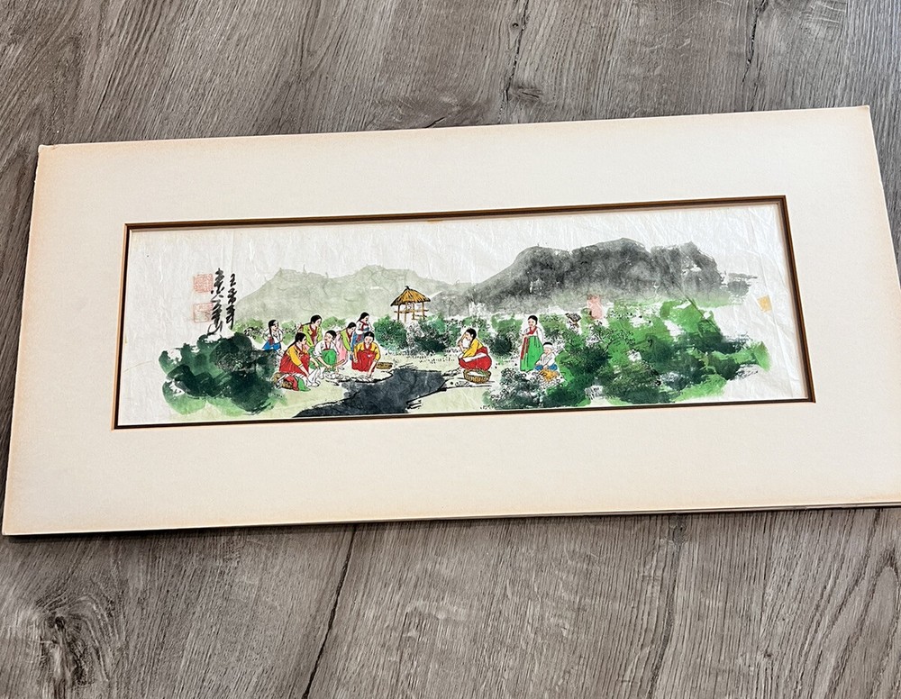VINTAGE KOREAN PAINTING WOMEN DOING LAUNDRY BY THE RIVER