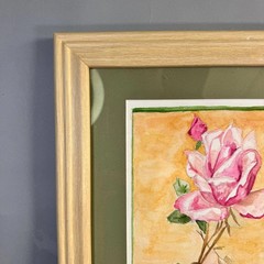 Original Watercolor Painting Pink Rose and Bud Signed PWL 2004 Framed