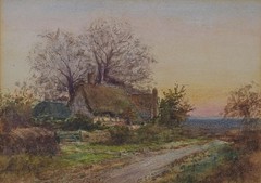 English Farmstead at Sunset Antique Watercolour British Victorian School c1890