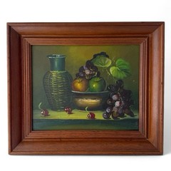 Vintage Original Bowl of Fruit Pitcher on Table Still Life Oil Painting Framed