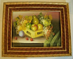 FRUIT BASKET STILL LIFE OIL PAINTING ON CANVAS 21 1/2″ X 18″ FRAMED
