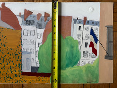 French 1940s Original Watercolor Gouache Painting Landscape Paris Street 19×12